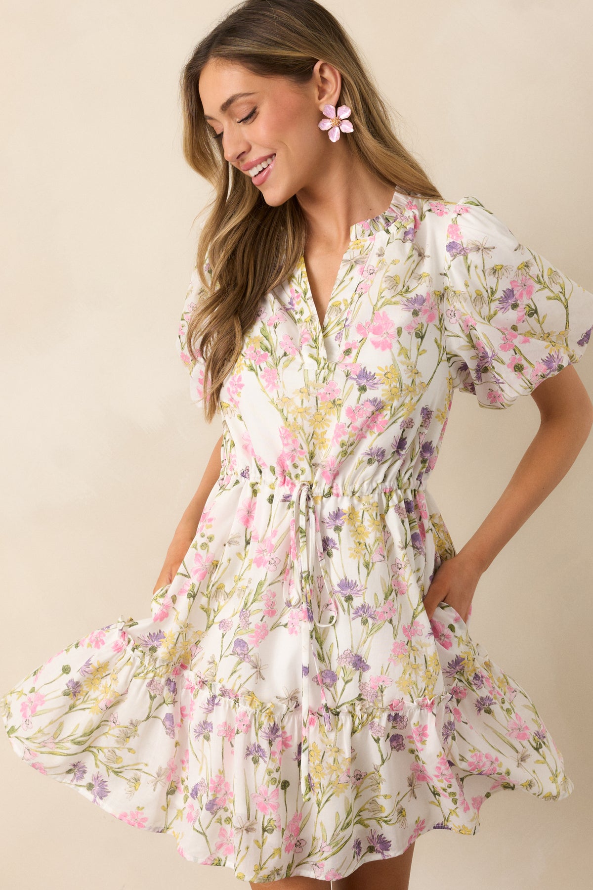 Ivory floral Puff sleeve dress