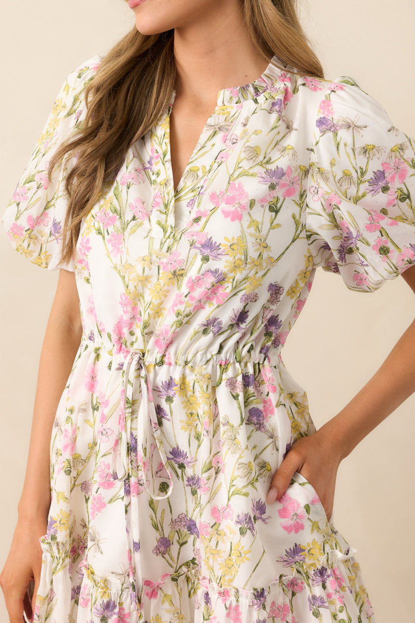 Ivory Floral Cotton Puff Sleeve Dress - Mini Dresses | Red Dress