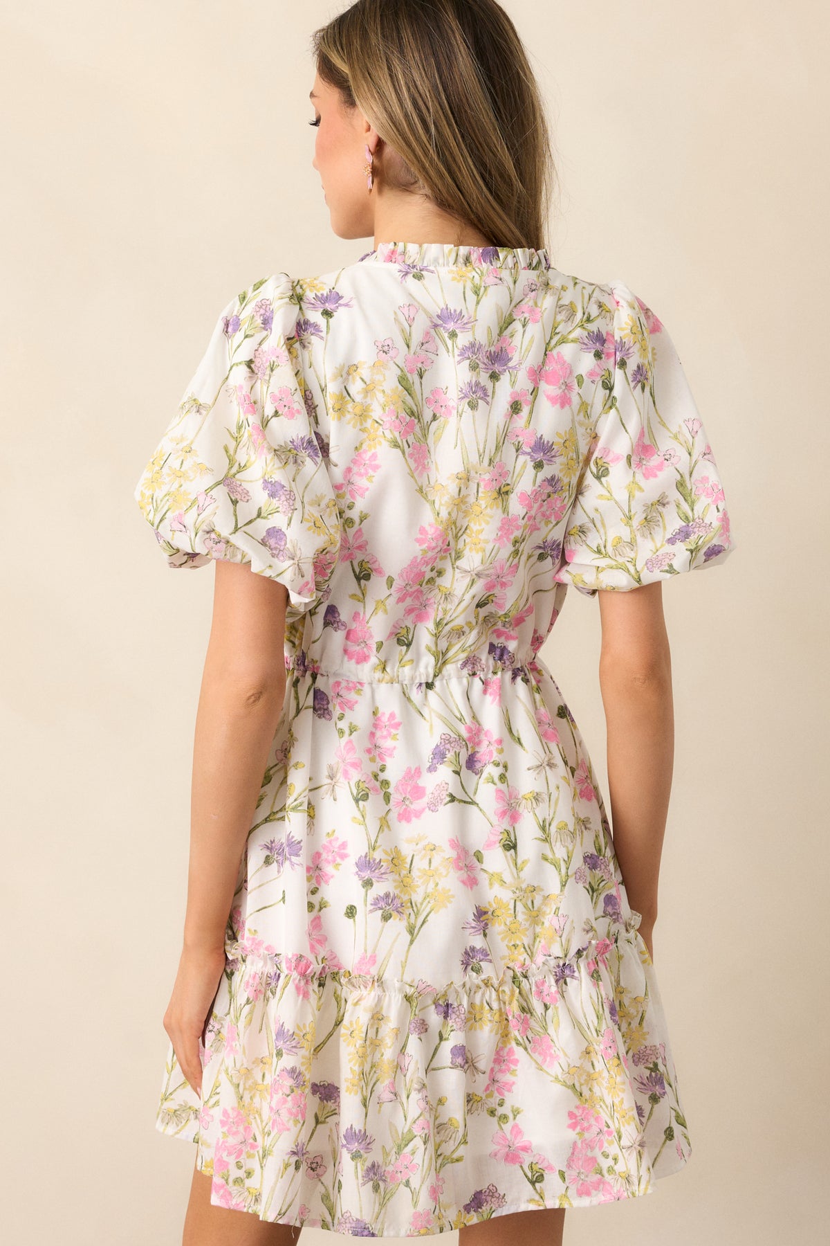 Ivory Floral Cotton Puff Sleeve Dress - Mini Dresses | Red Dress