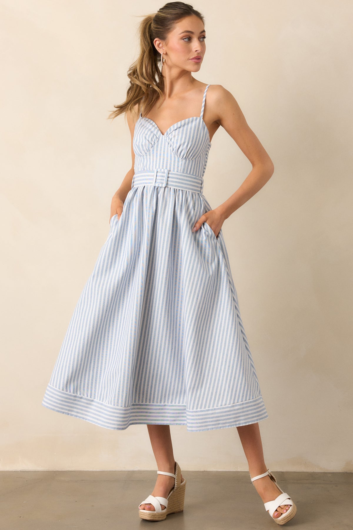 Light Blue Stripe Belted Dress