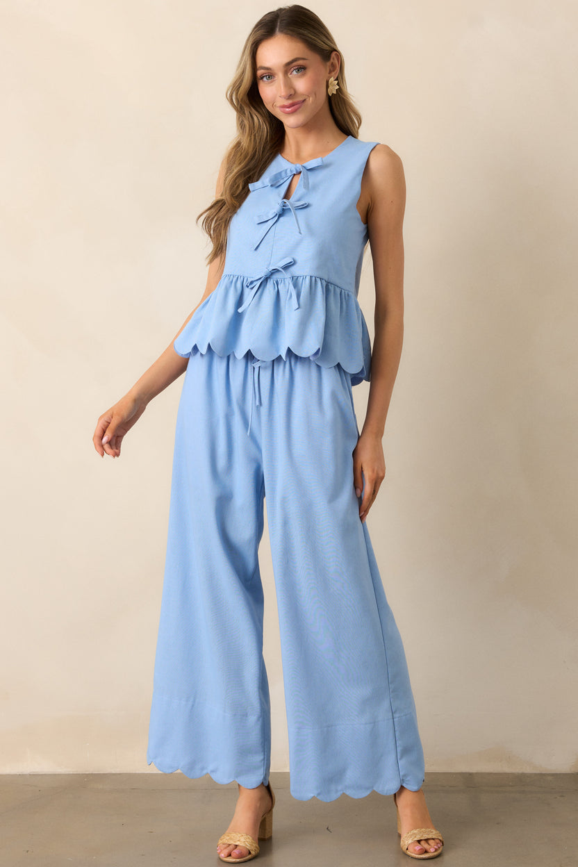 Spring Navy Detailed Hem Scalloped Hem Pants