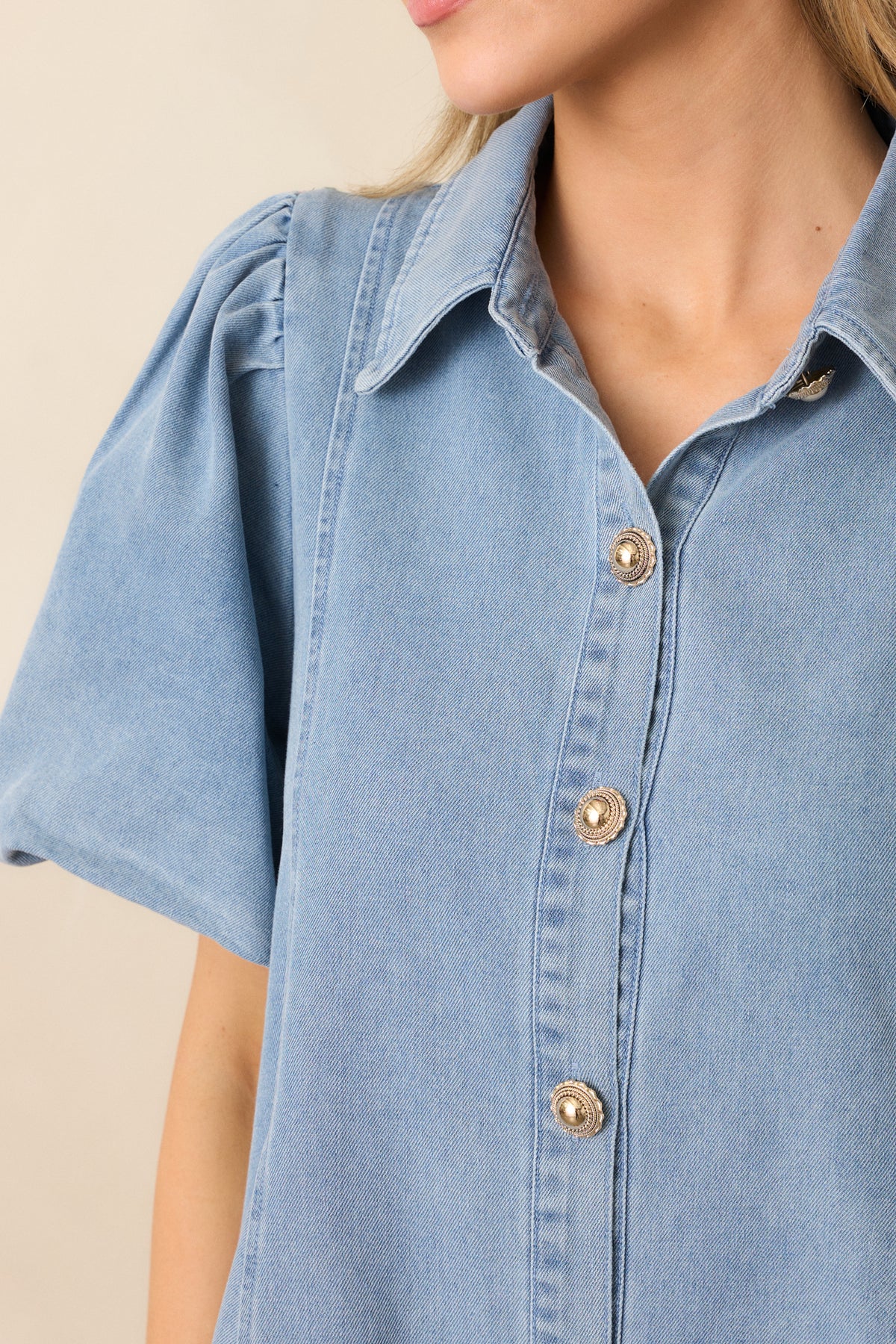 Puff Sleeve Button Up Mini Denim Dress