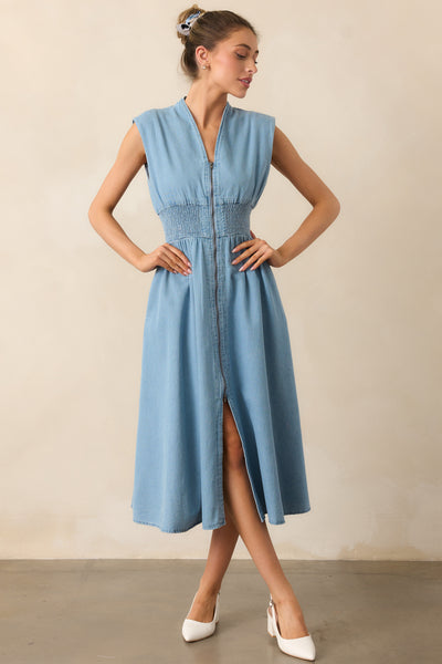 evita denim midi dress Reformation Evita Denim Midi Dress - Medium Blue - Size 2 - NEW WITH TAGS