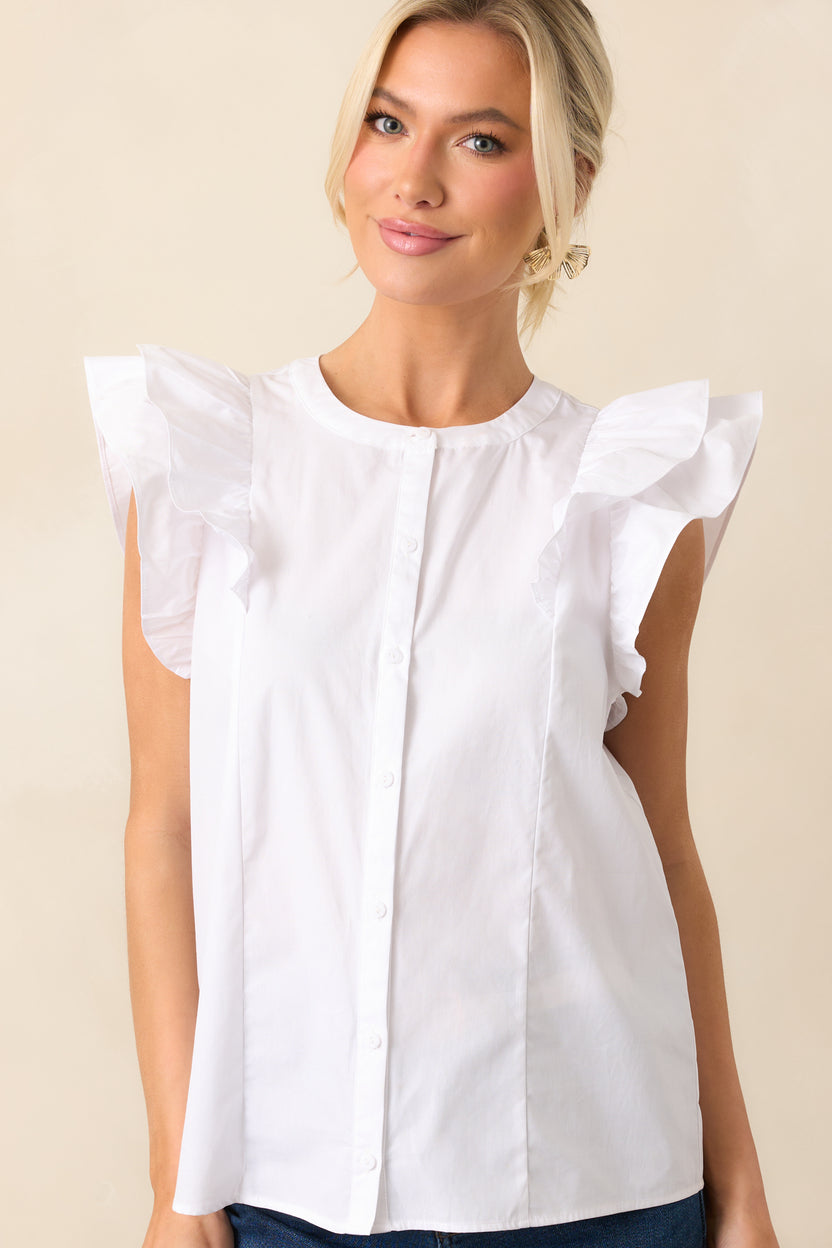 Flutter Sleeve White Cotton Button Front Top - Casual Tops | Red Dress