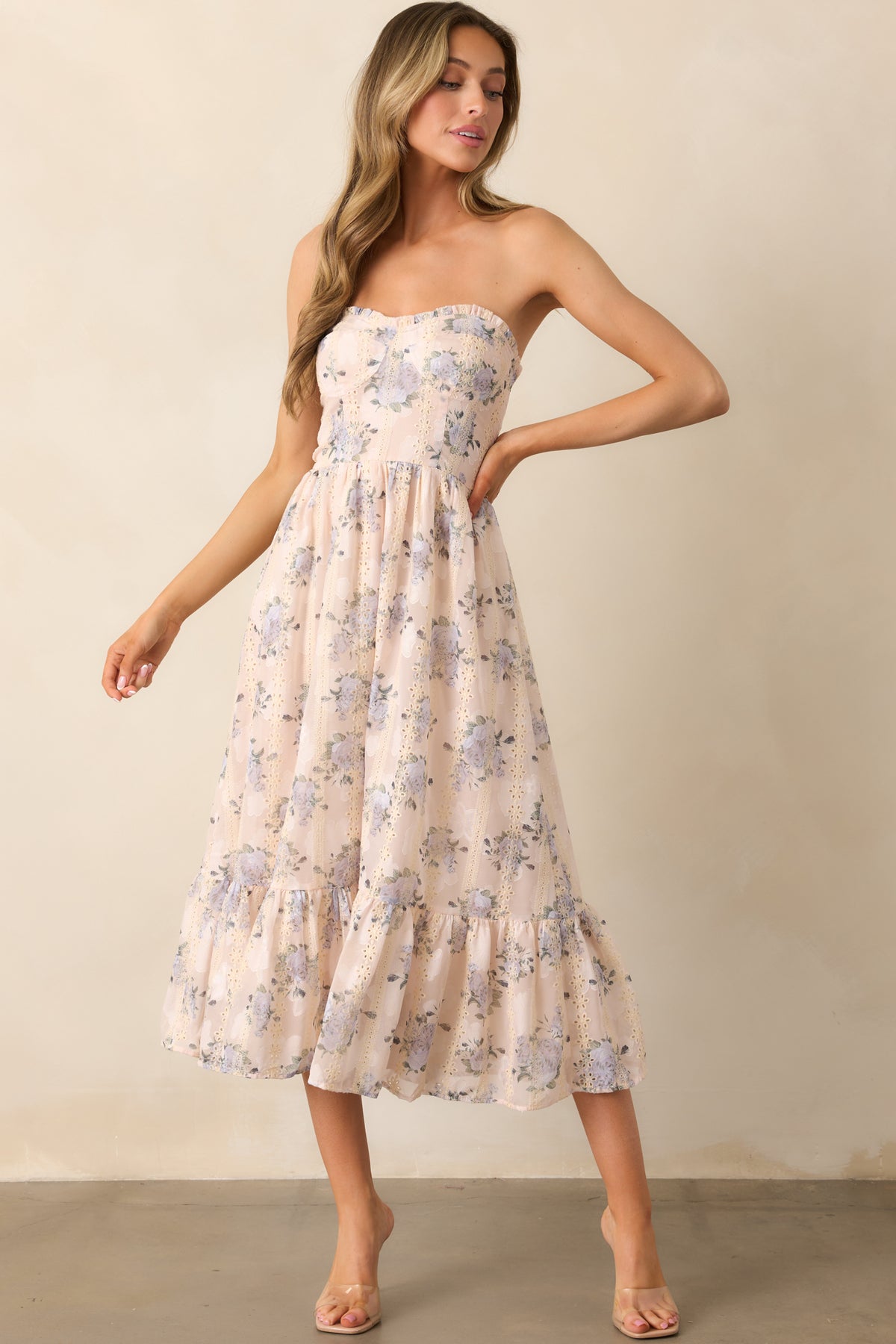 Periwinkle Floral Embroidered Eyelet Strapless Midi Dress