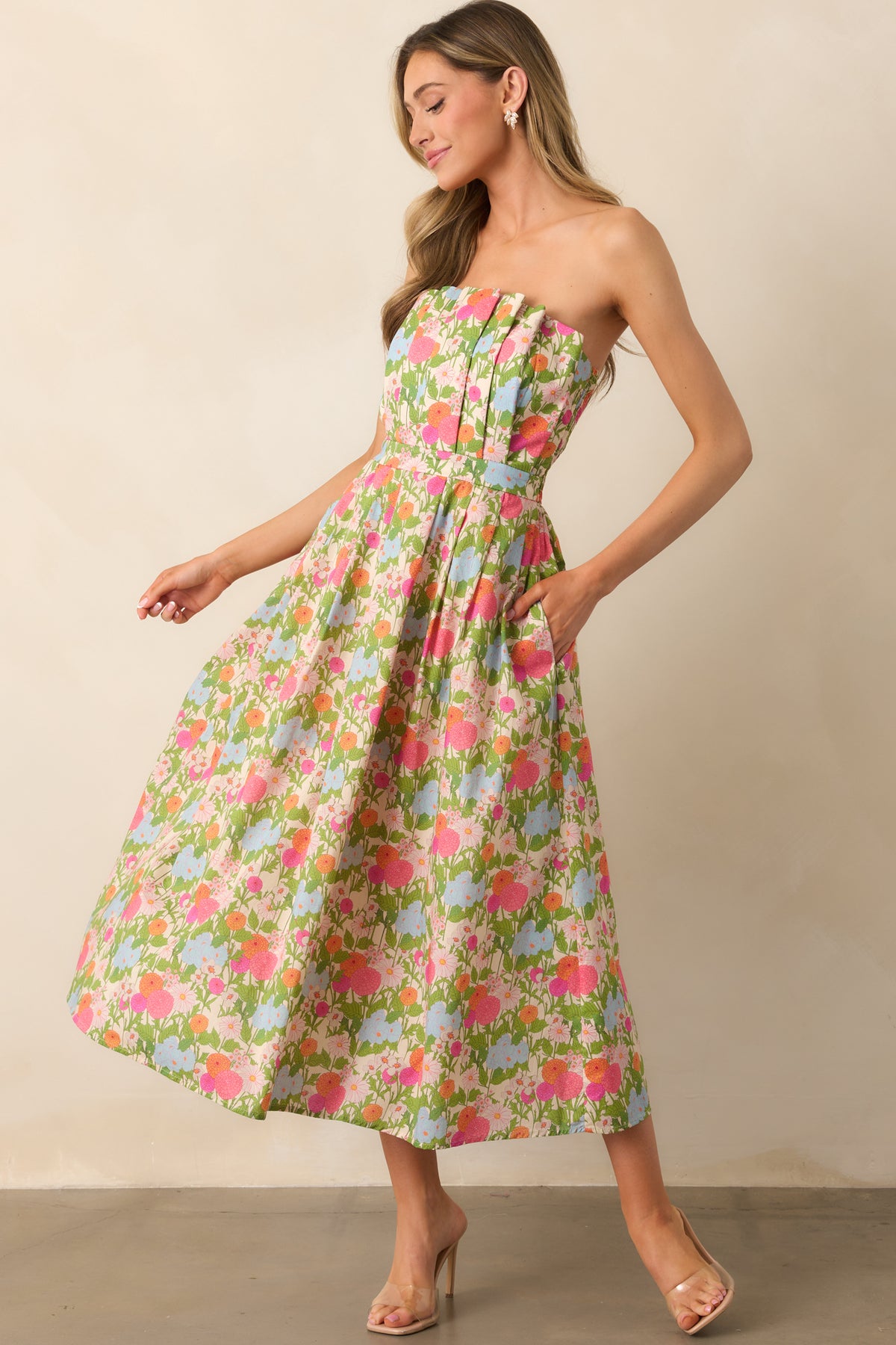 Maeve Green & White Floral Midi Dress