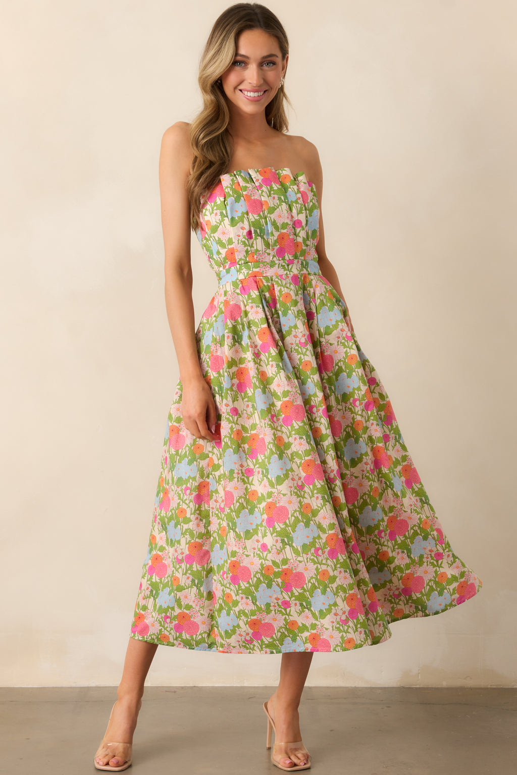 green and red floral dress The Genevieve Multi - Midi Dresses Color:Red Flower Hidden back zipper Windsor Store at Galleria Sunday Best