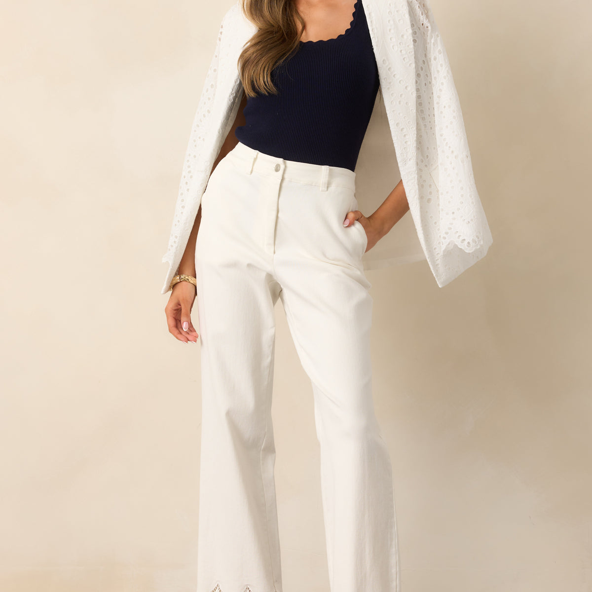 White Straight Leg Scallop Hem Jeans - All Bottoms | Red Dress