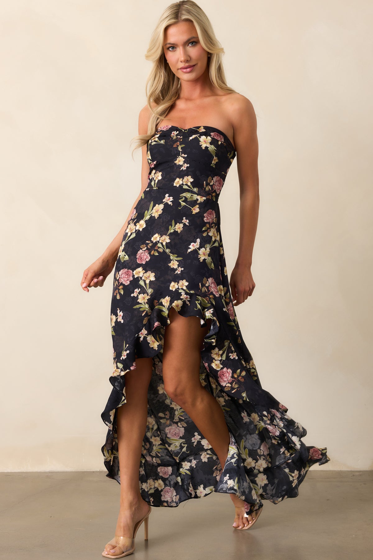 Deep Navy Floral Jacquard High Low Dress
