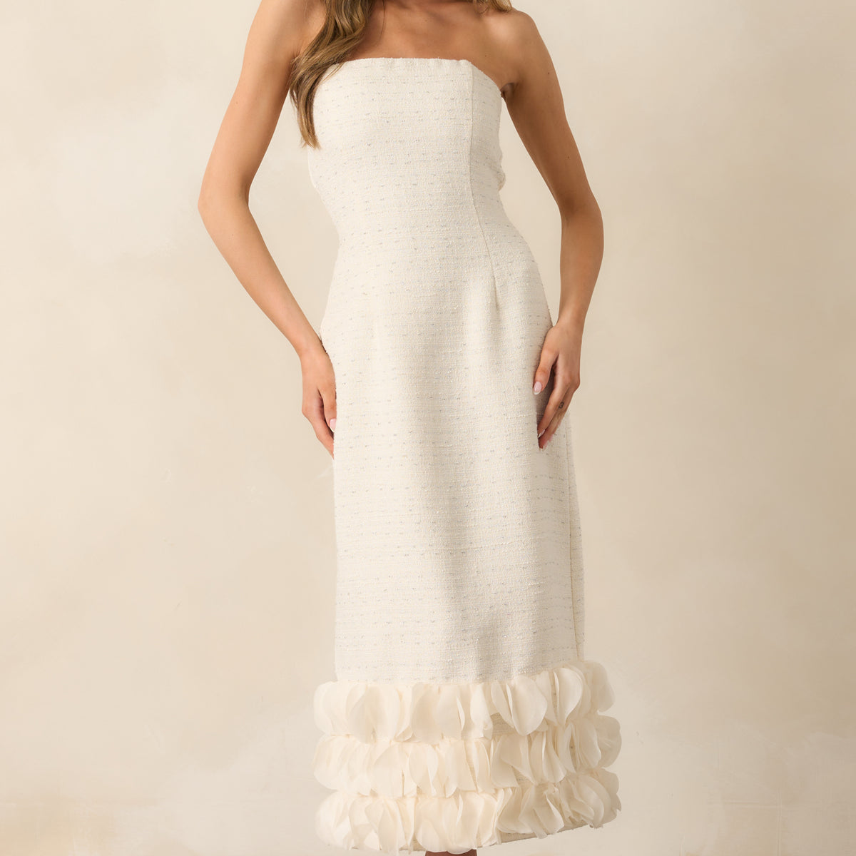 Ivory Tweed Strapless Dress - Midi Dresses | Red Dress