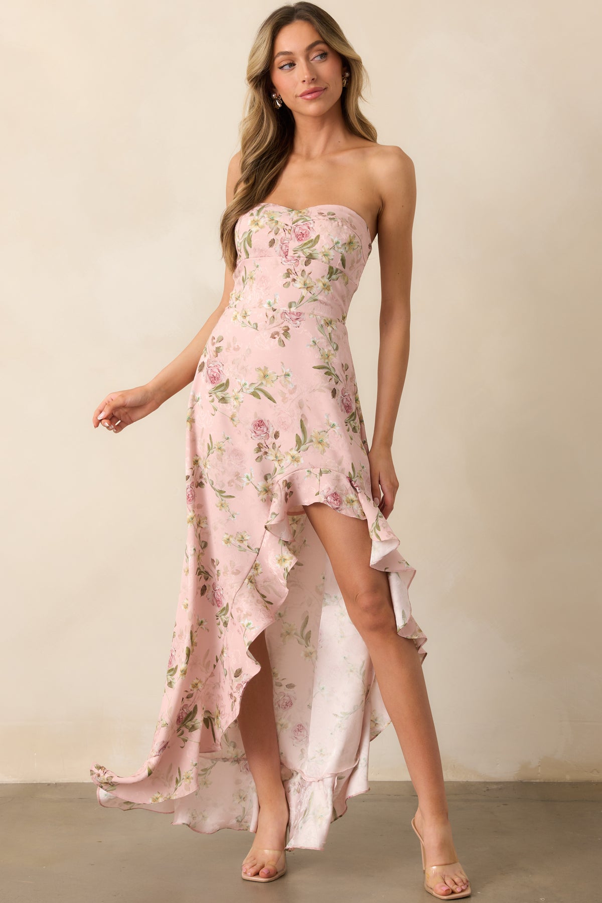 Instant Romance Pink Floral Print High-Low Dress