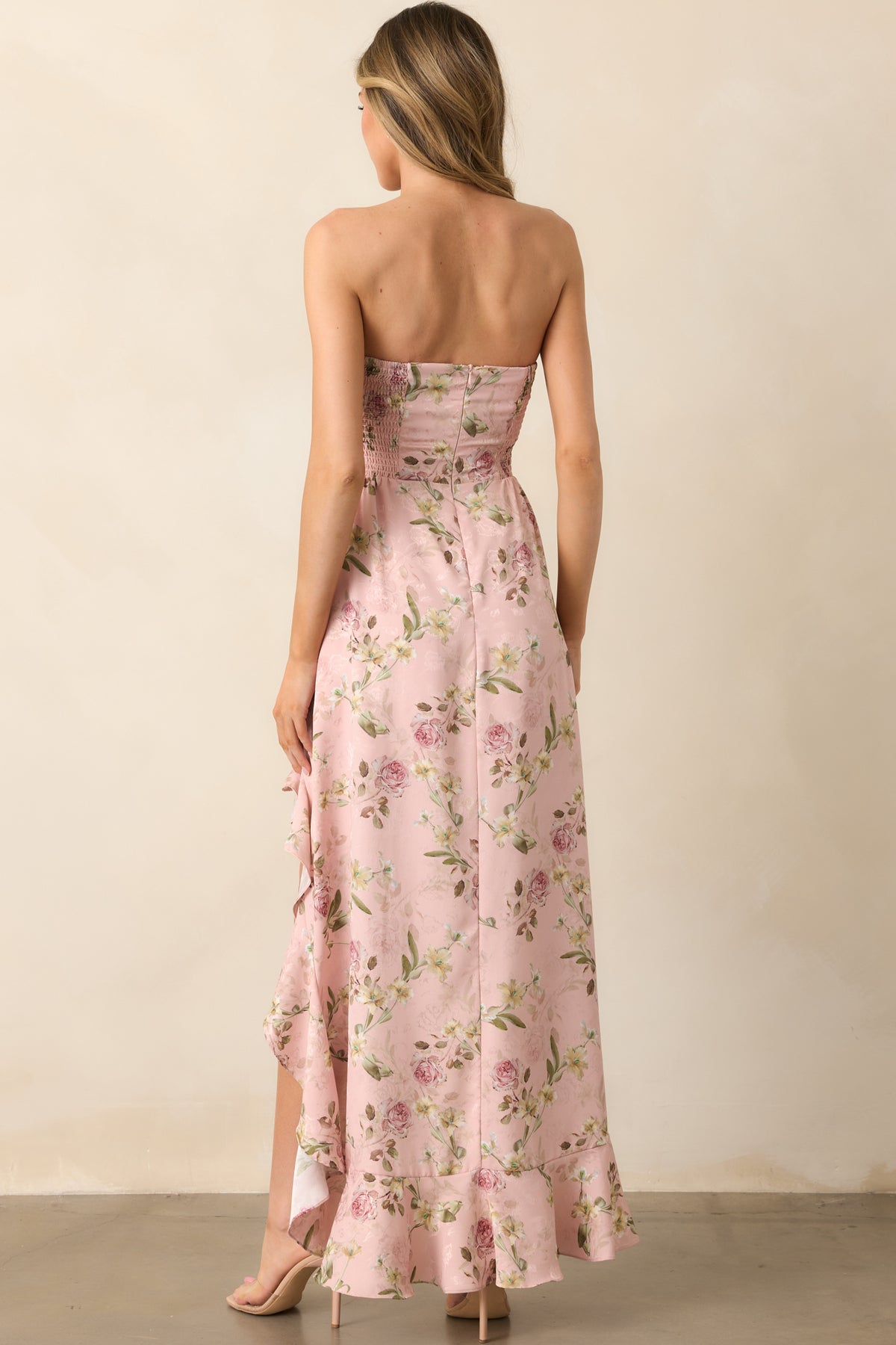4582 Pink Floral Ruffle Hi-Low Dress