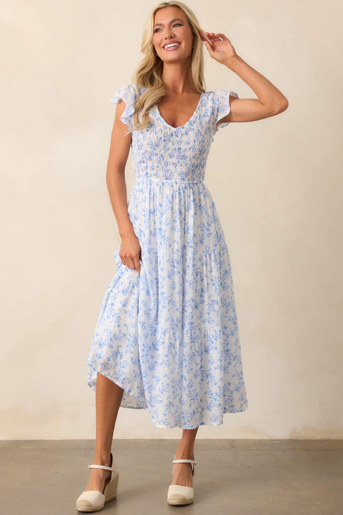 Blue Floral Flutter Sleeve Midi Dress