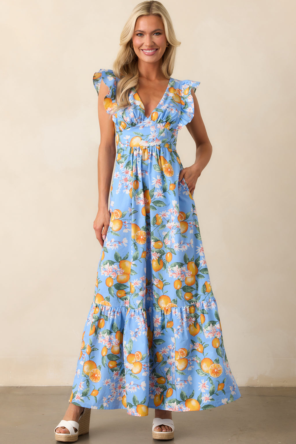 Blue Cotton Lemon Print Maxi Dress - All Dresses