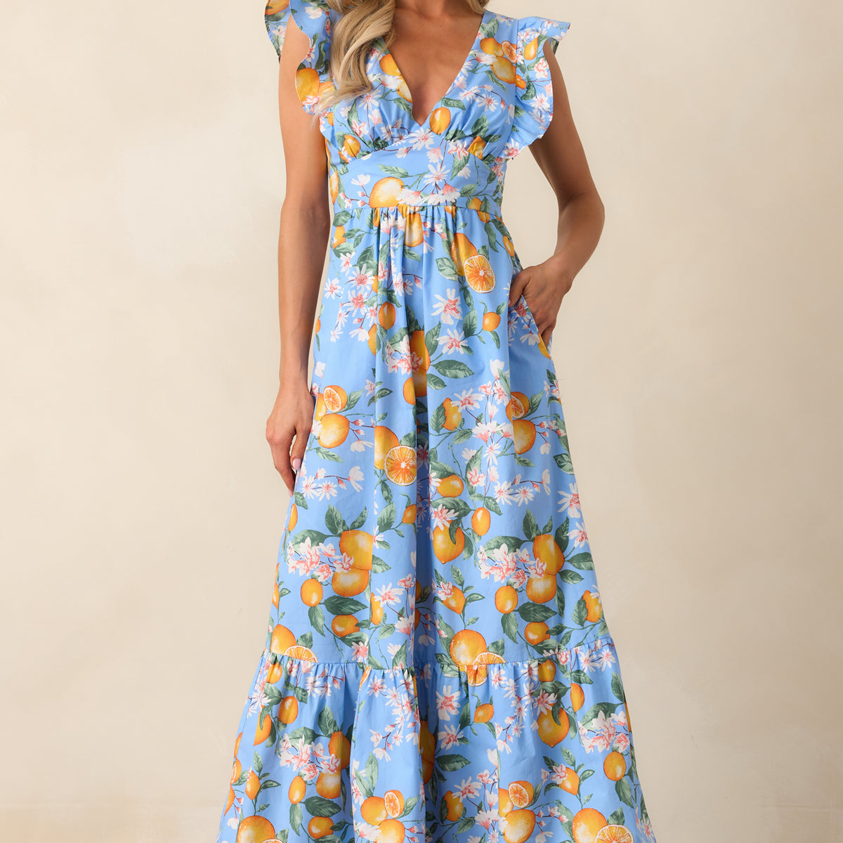 Blue Cotton Lemon Print Maxi Dress - All Dresses