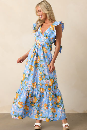 Blue Cotton Lemon Print Maxi Dress