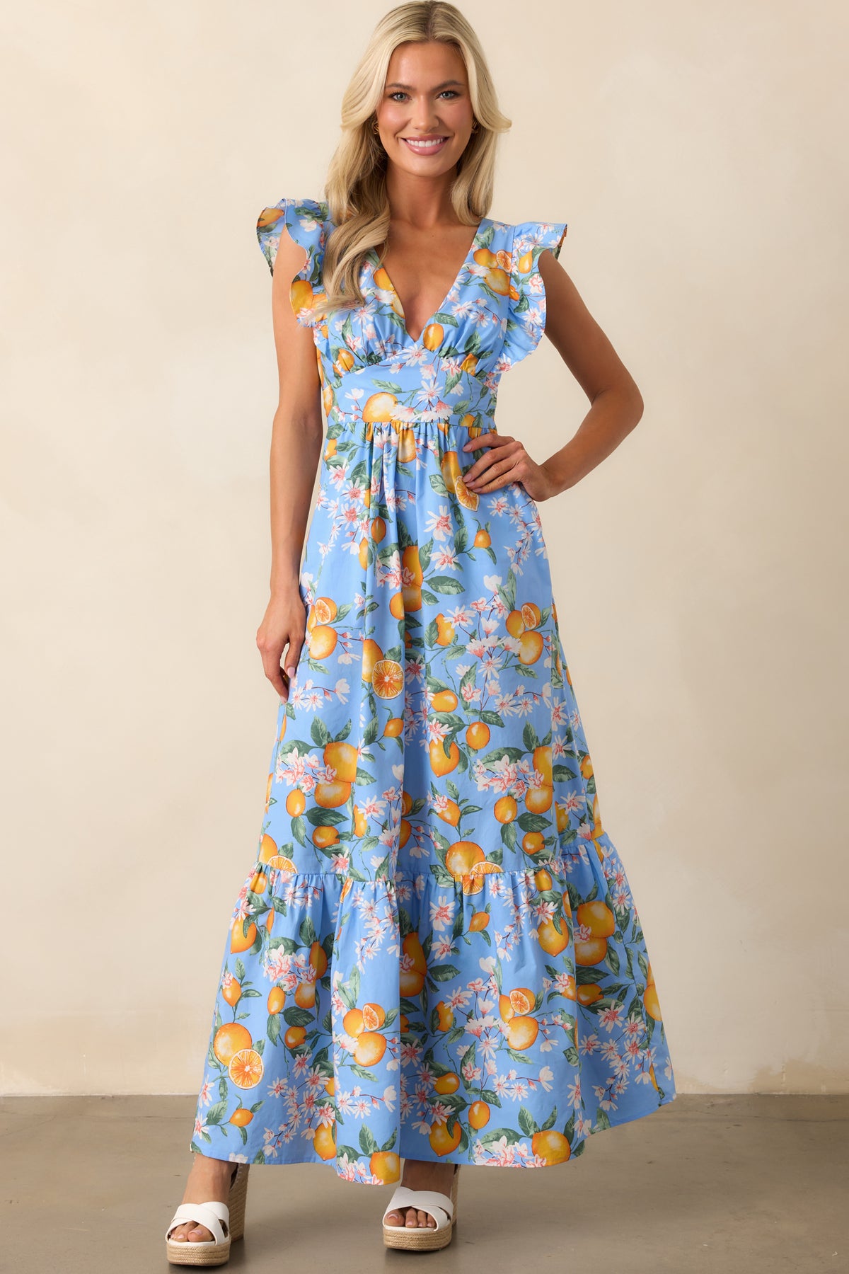 Blue Cotton Lemon Print Maxi Dress