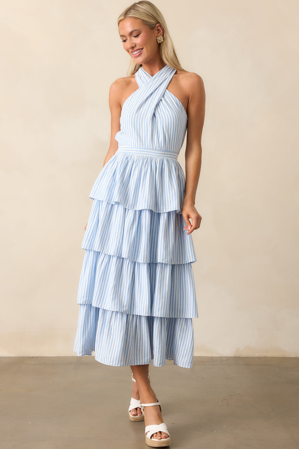 Light Blue Stripe Tiered Halter Dress - Maxi Dresses