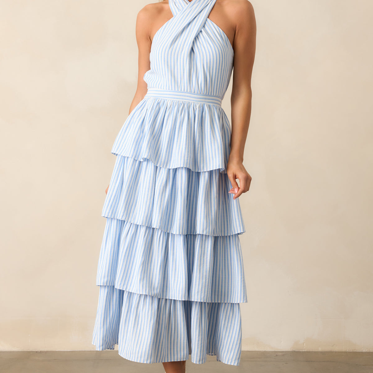 striped tiered maxi dress Light Blue Stripe Tiered Halter Dress - Maxi Dresses