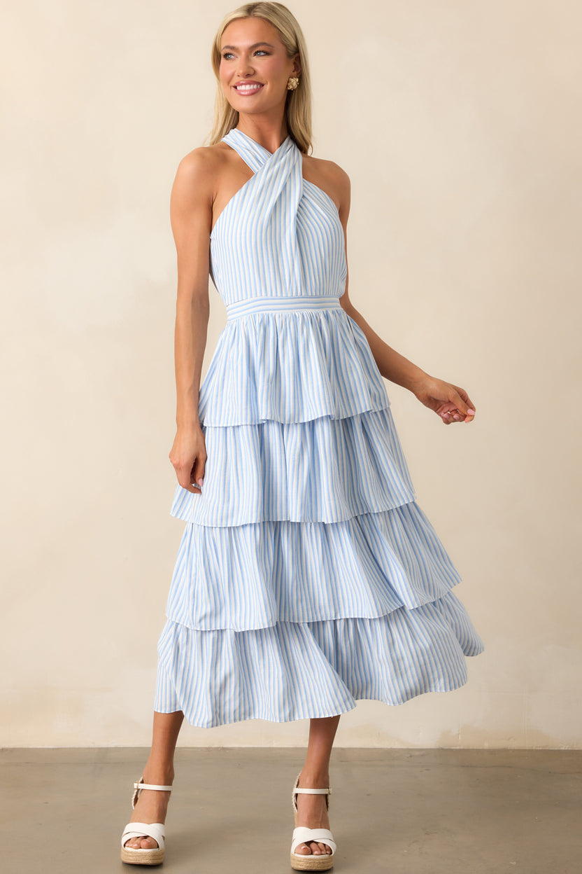 Stripe blue and white halter maxi dress
