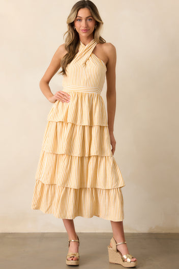 Yellow Tiered Halter Neck Dress with Tie-Up Back