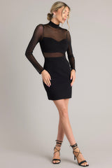 Angled full body view of this dress that features a high neckline, a discrete zipper down the back, meshing in the chest, back, & waist, a bodycon style fit, and fully meshed long sleeves.