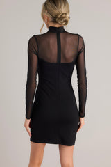 Back view of this dress that features a high neckline, a discrete zipper down the back, meshing in the chest, back, & waist, a bodycon style fit, and fully meshed long sleeves.