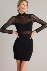 This black dress features a high neckline, a discrete zipper down the back, meshing in the chest, back, & waist, a bodycon style fit, and fully meshed long sleeves.