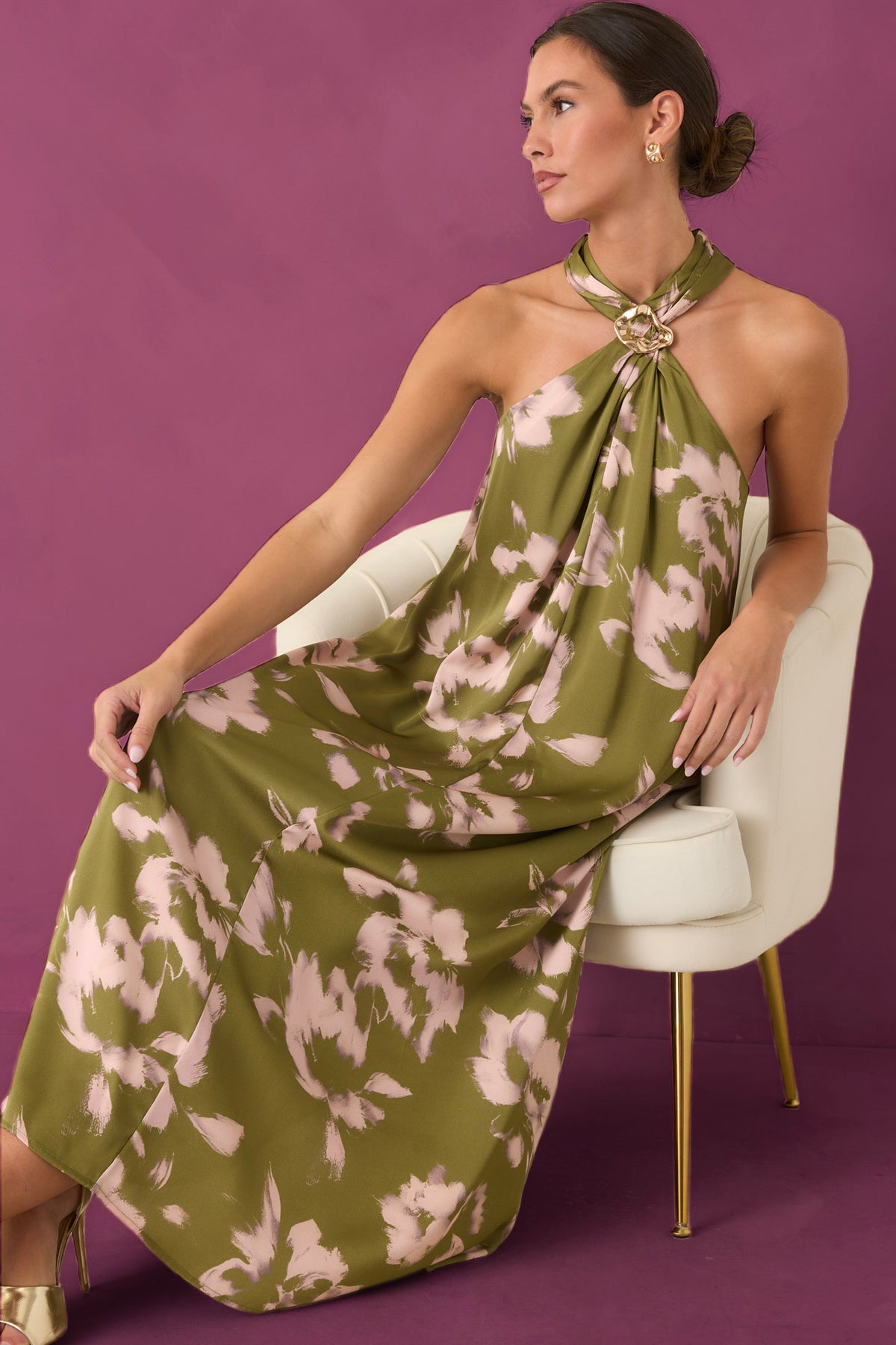 The Feeling Is Mutual Olive & Blush Floral Halter Maxi Dress