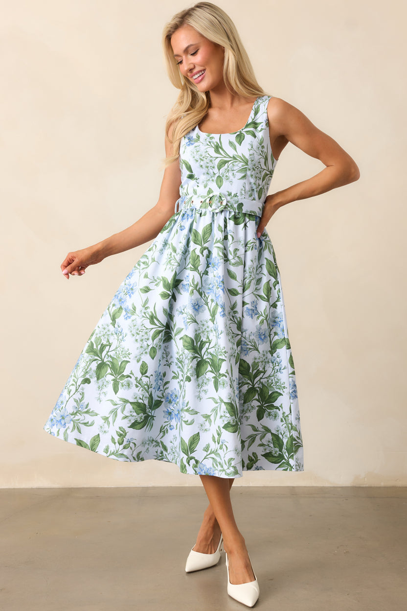 Prosperina Ava Cotton Midi Dress In Blue Lilacs Botanical