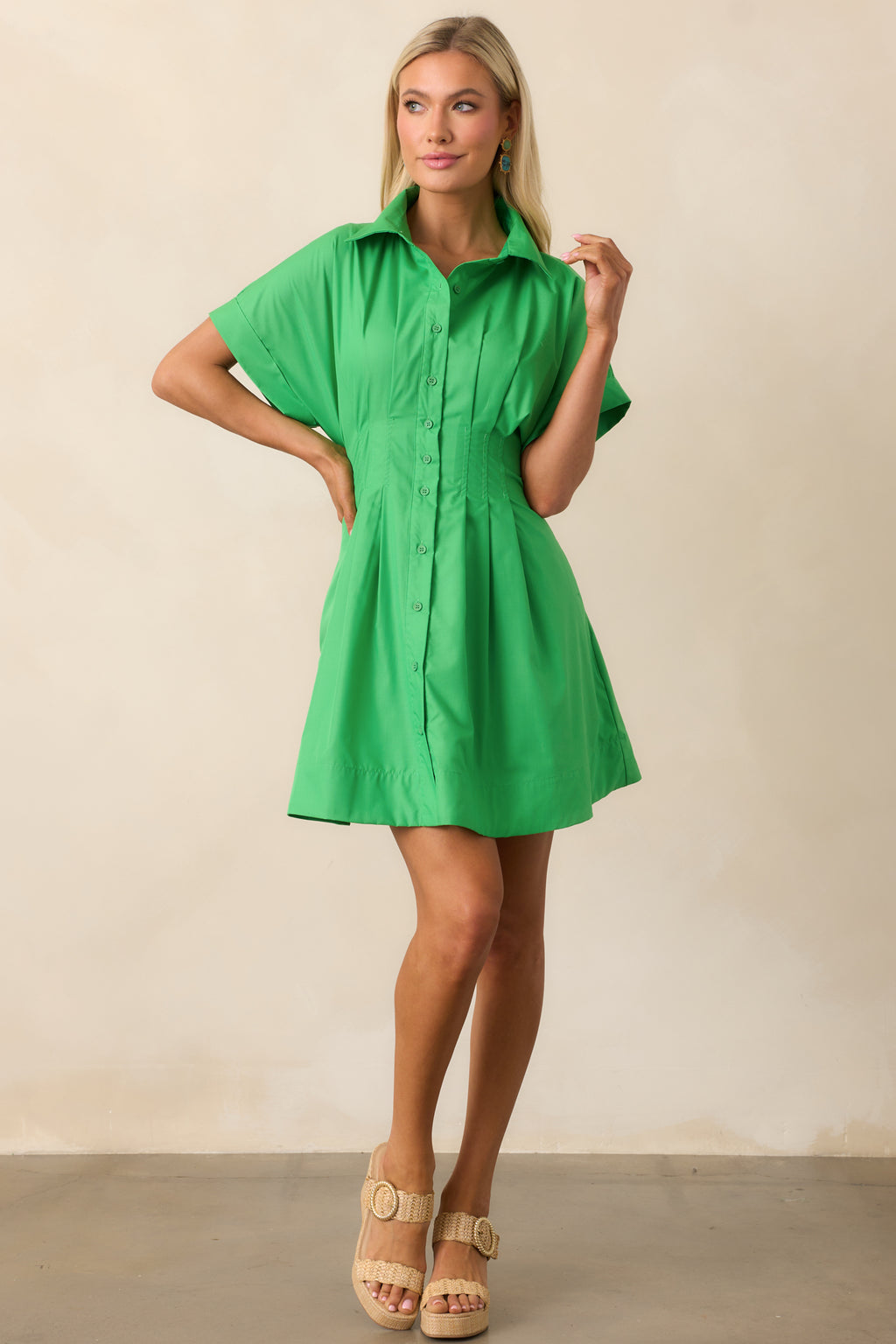 Kelly Green Mini Shirt Dress - All Dresses
