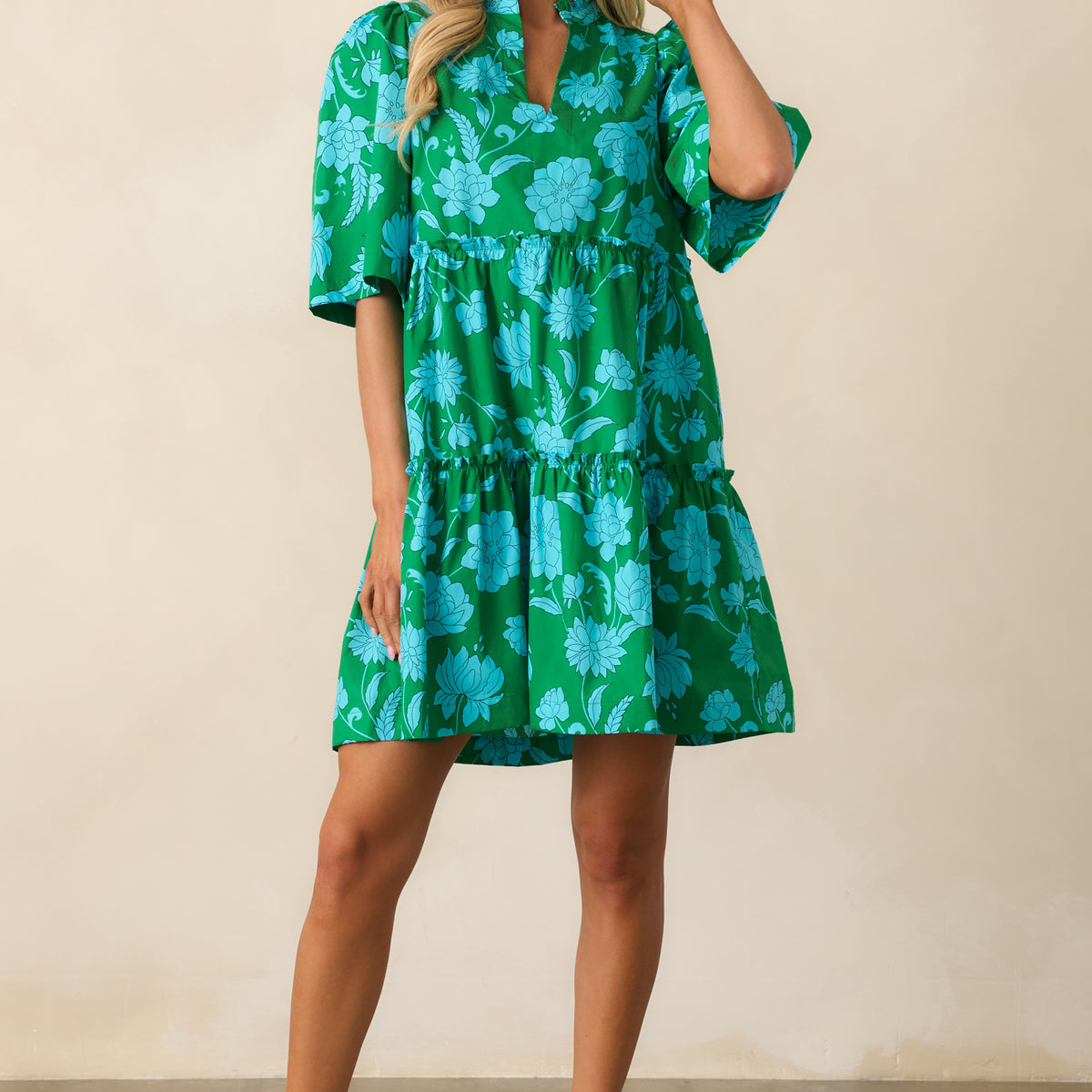 Green Floral Cotton Mini Dress - Short Sleeve Dresses