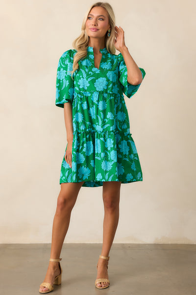 Green Floral Cotton Mini Dress - Short Sleeve Dresses