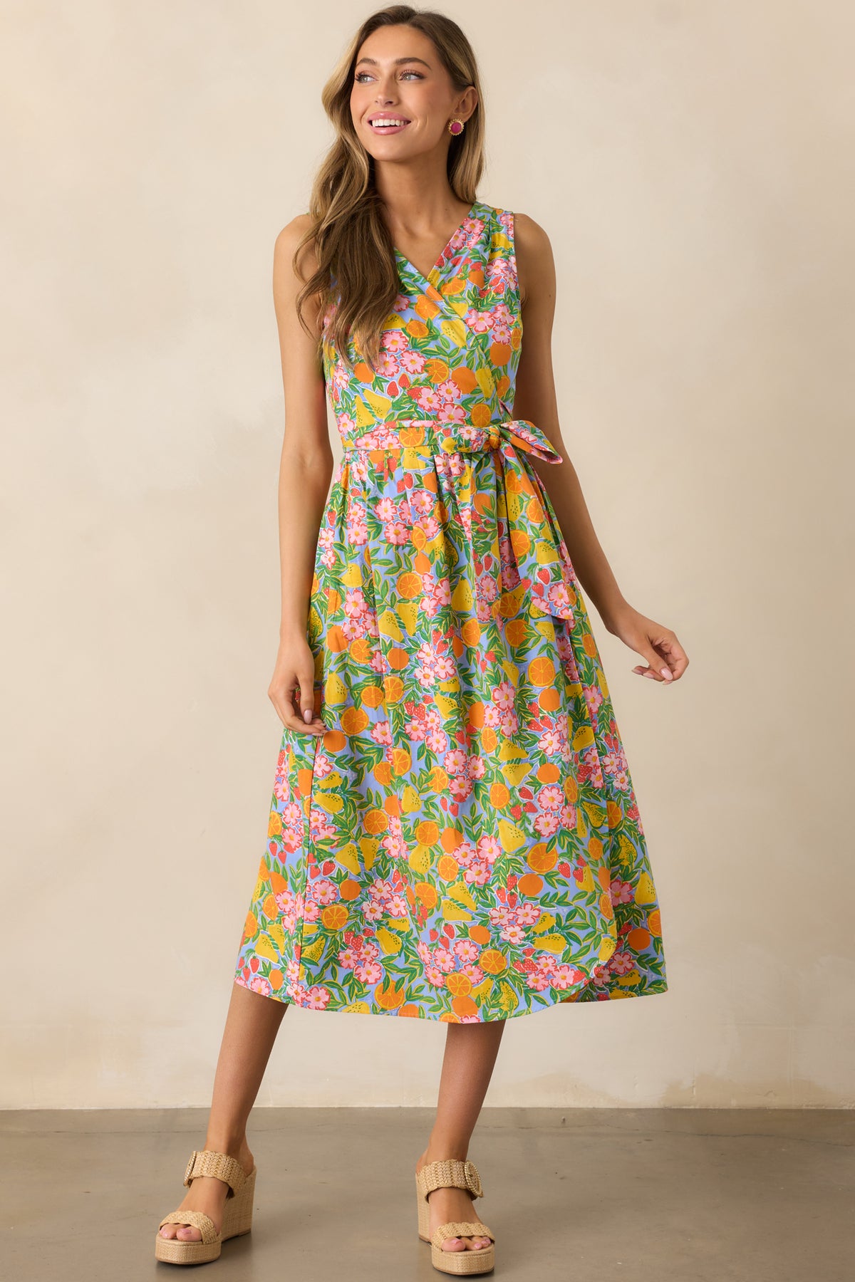 Sky Blue Multi Print Midi Wrap Dress