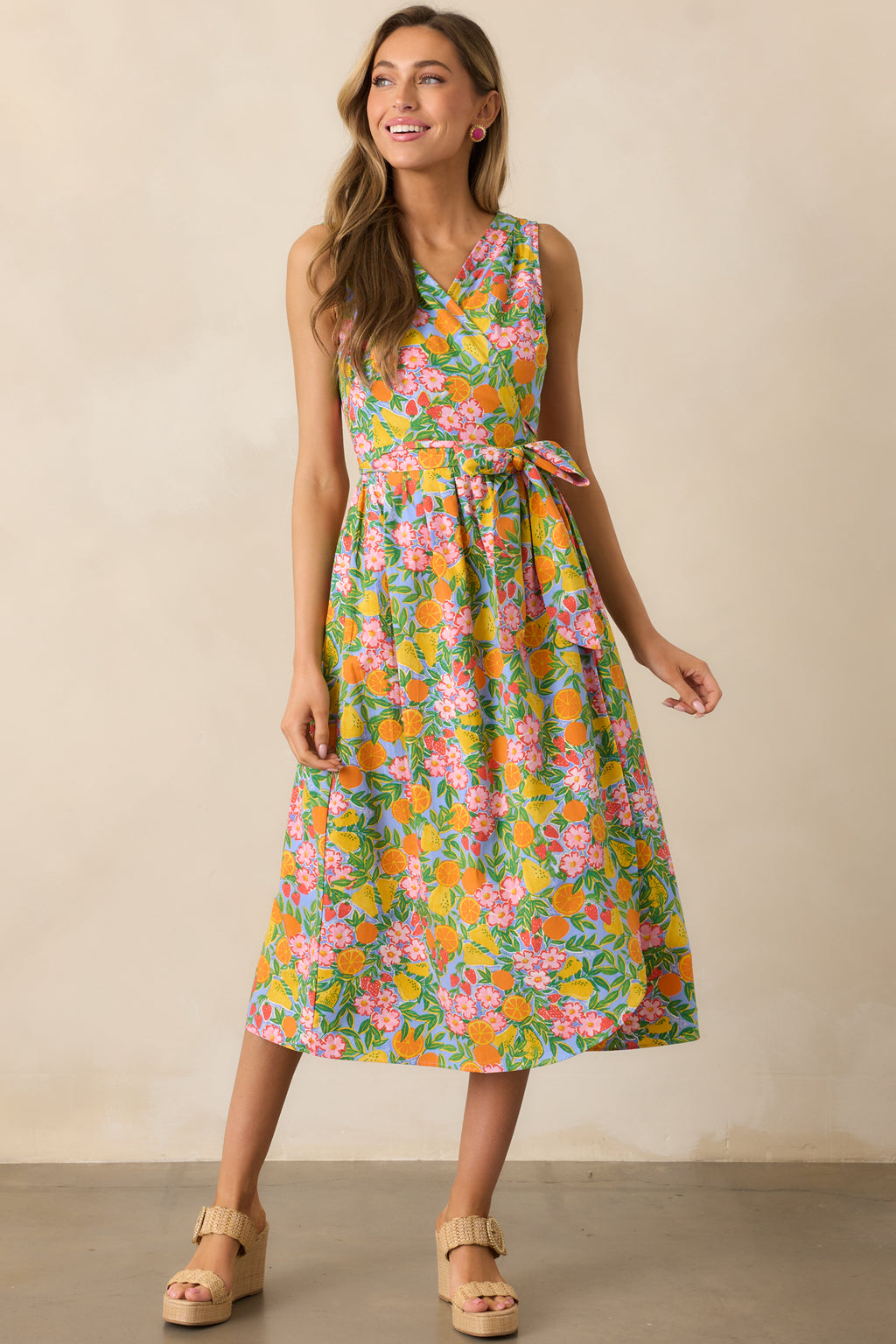 Sky Blue Multi Print Midi Wrap Dress - All Dresses