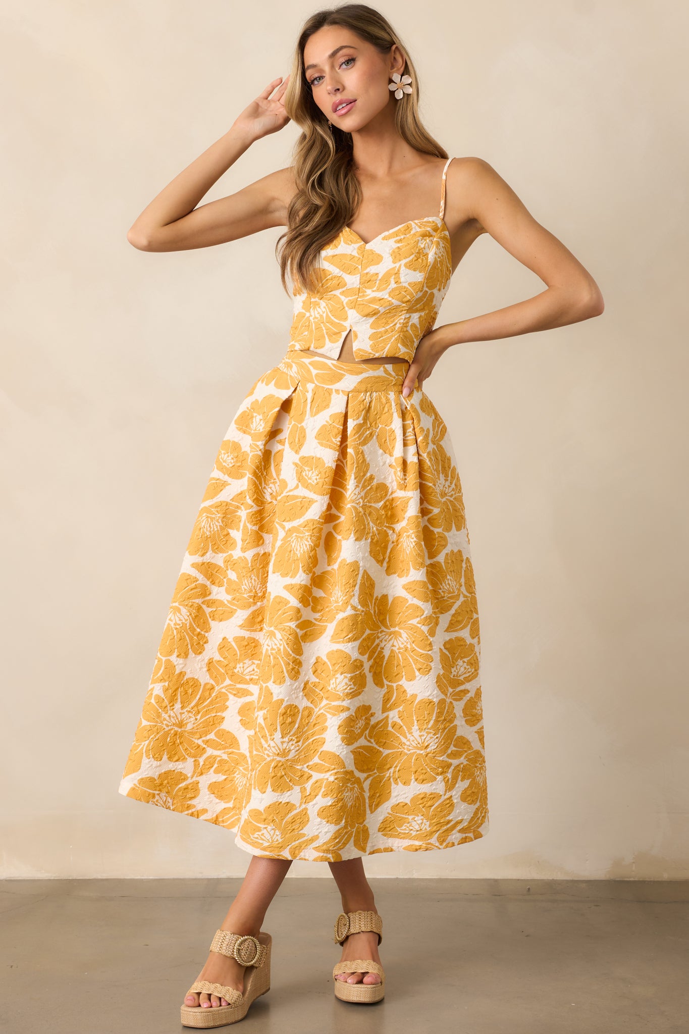 Yellow Floral Jacquard Midi Skirt - All Bottoms | Red Dress
