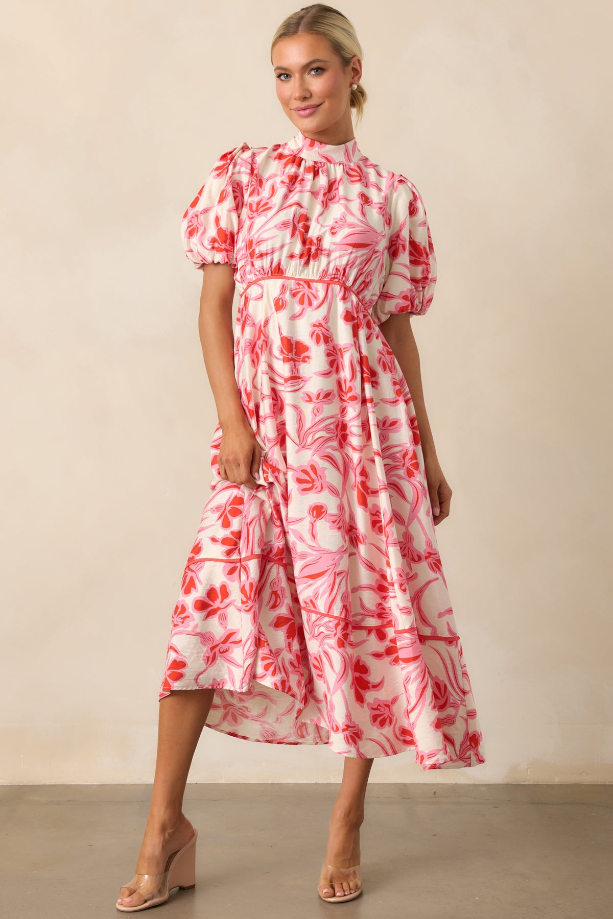 Pink Floral Puff Sleeve Midi Dress