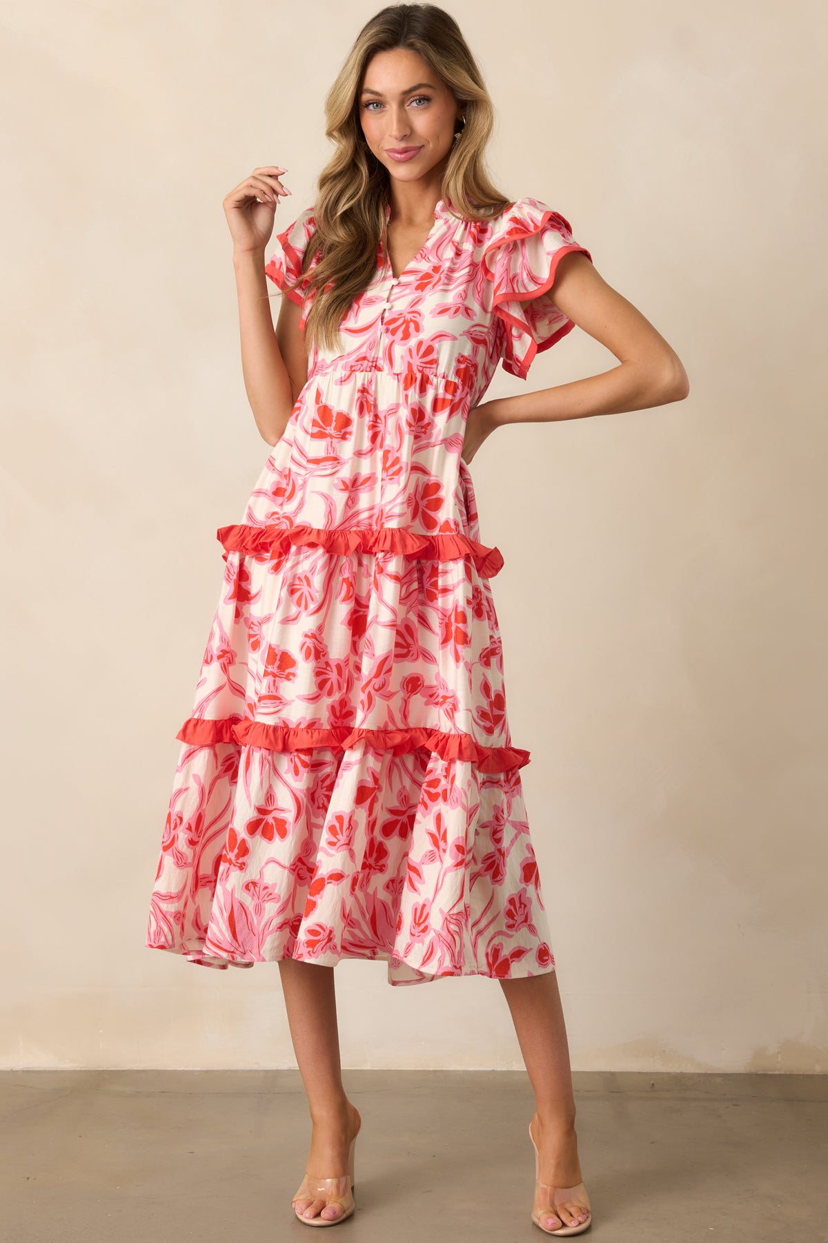 Flutter Sleeve Floral Dress W/ Elastic Waist & Side Pockets