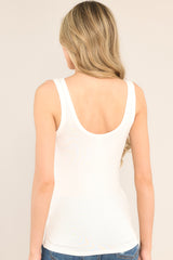 Back view of this tank that features a scoop neckline, thin shoulder straps, and a soft, stretchy material throughout.