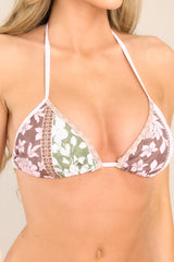 Close up view of this bikini top that features self-tie straps behind the neck and at the back for a custom fit.