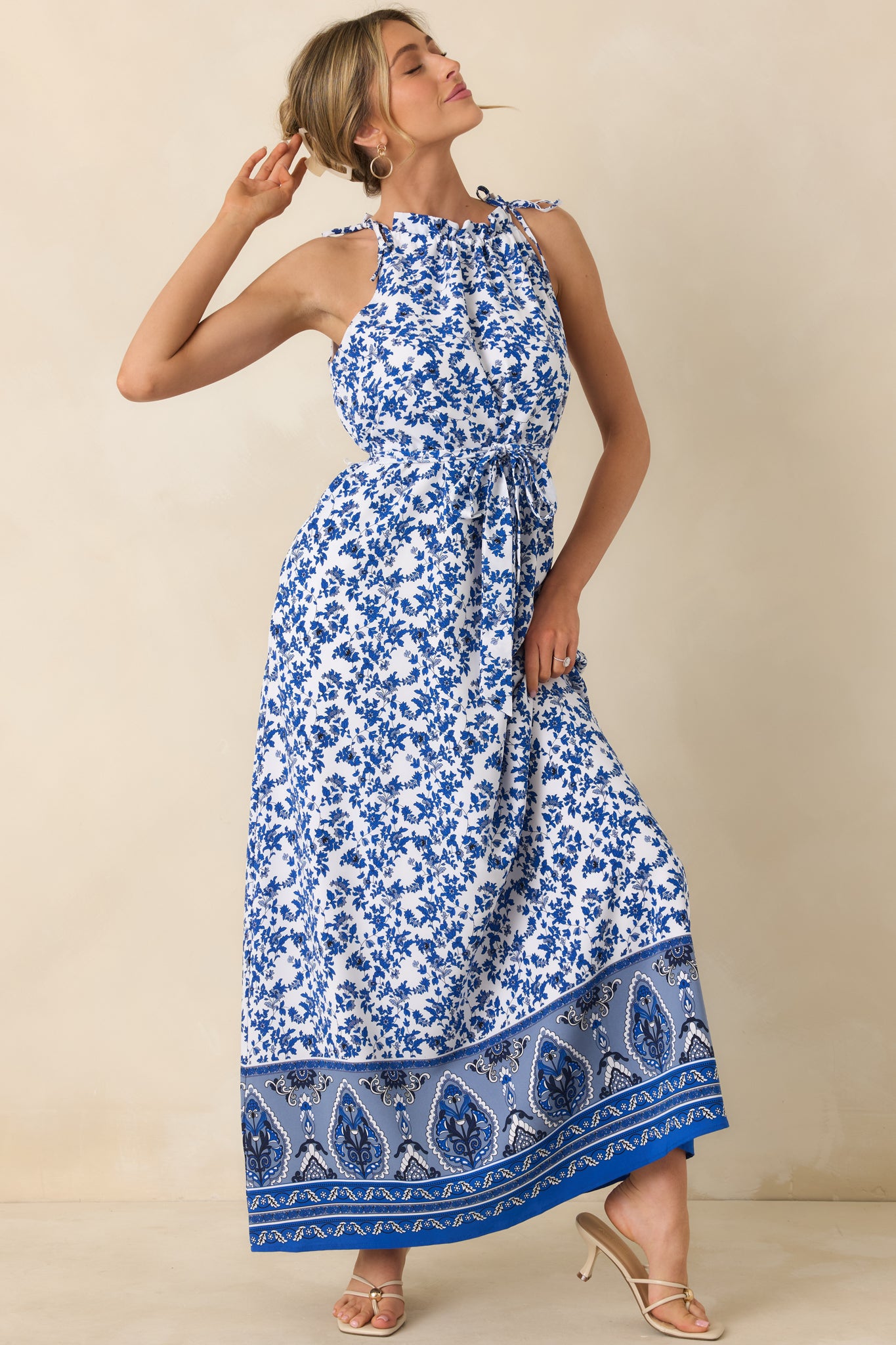 blue floral dress fabric Blue Floral Sleeveless Maxi Dress - All Dresses