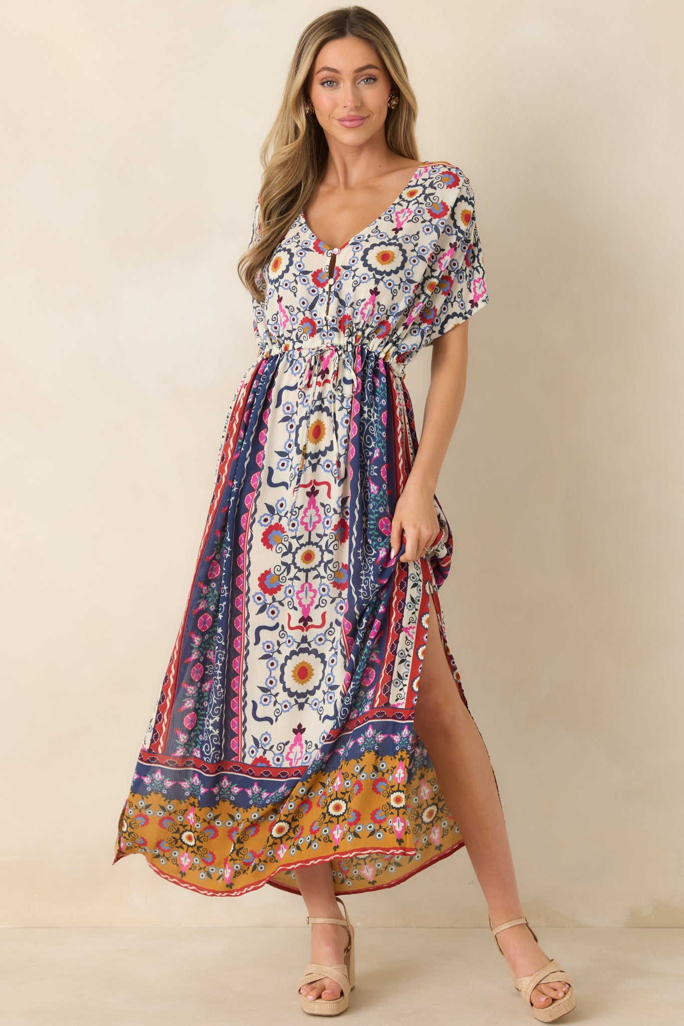 Women's Drawn To The Horizon Navy Multi Print Short Sleeve Maxi Dress | Size: M | Red Dress Women's Drawn To The Horizon Navy Multi Print Short Sleeve Maxi Dress | Size: M | Red Dress