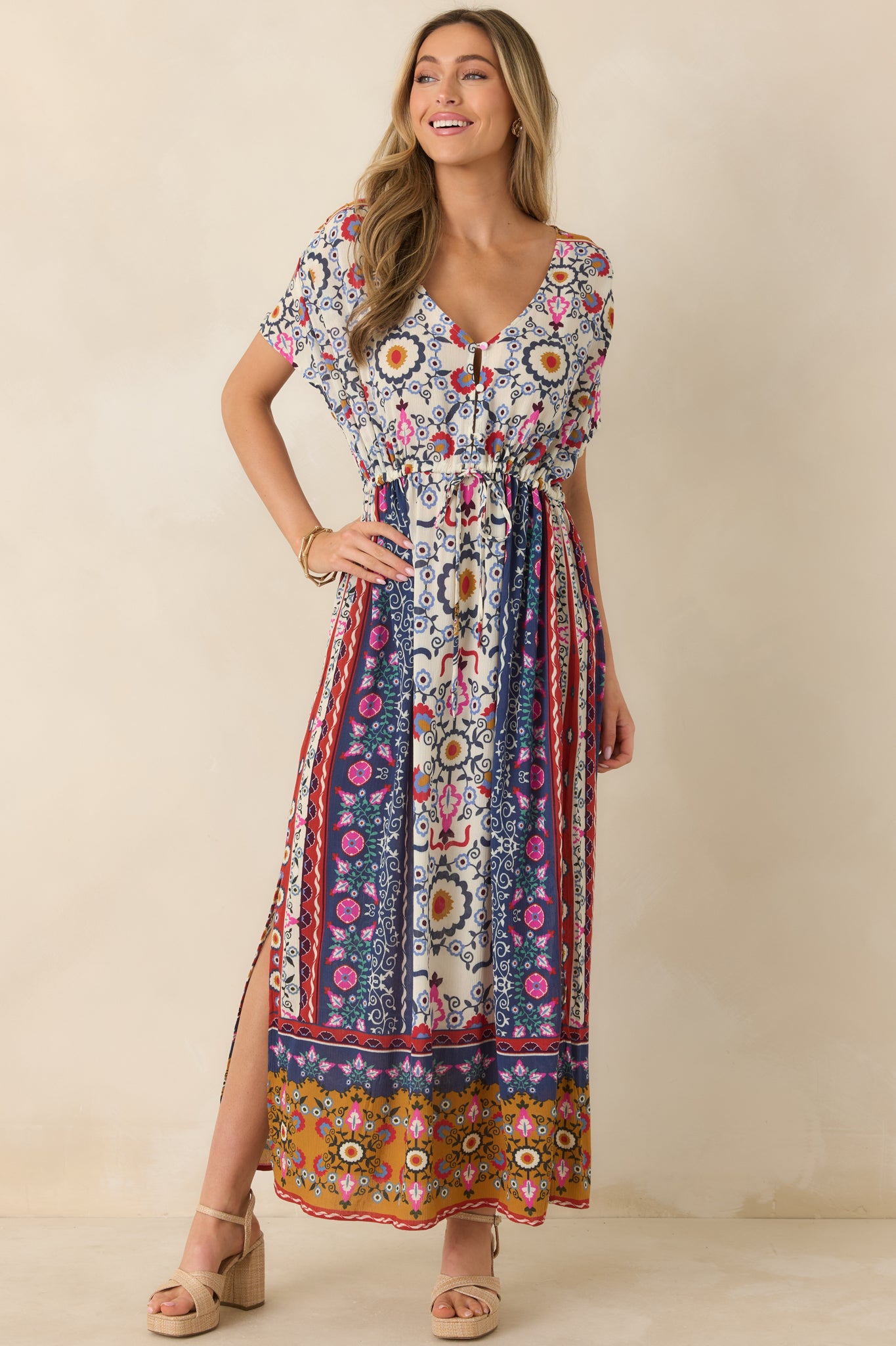 Women's Drawn to The Horizon Navy Multi Print Short Sleeve Maxi Dress | Size: M