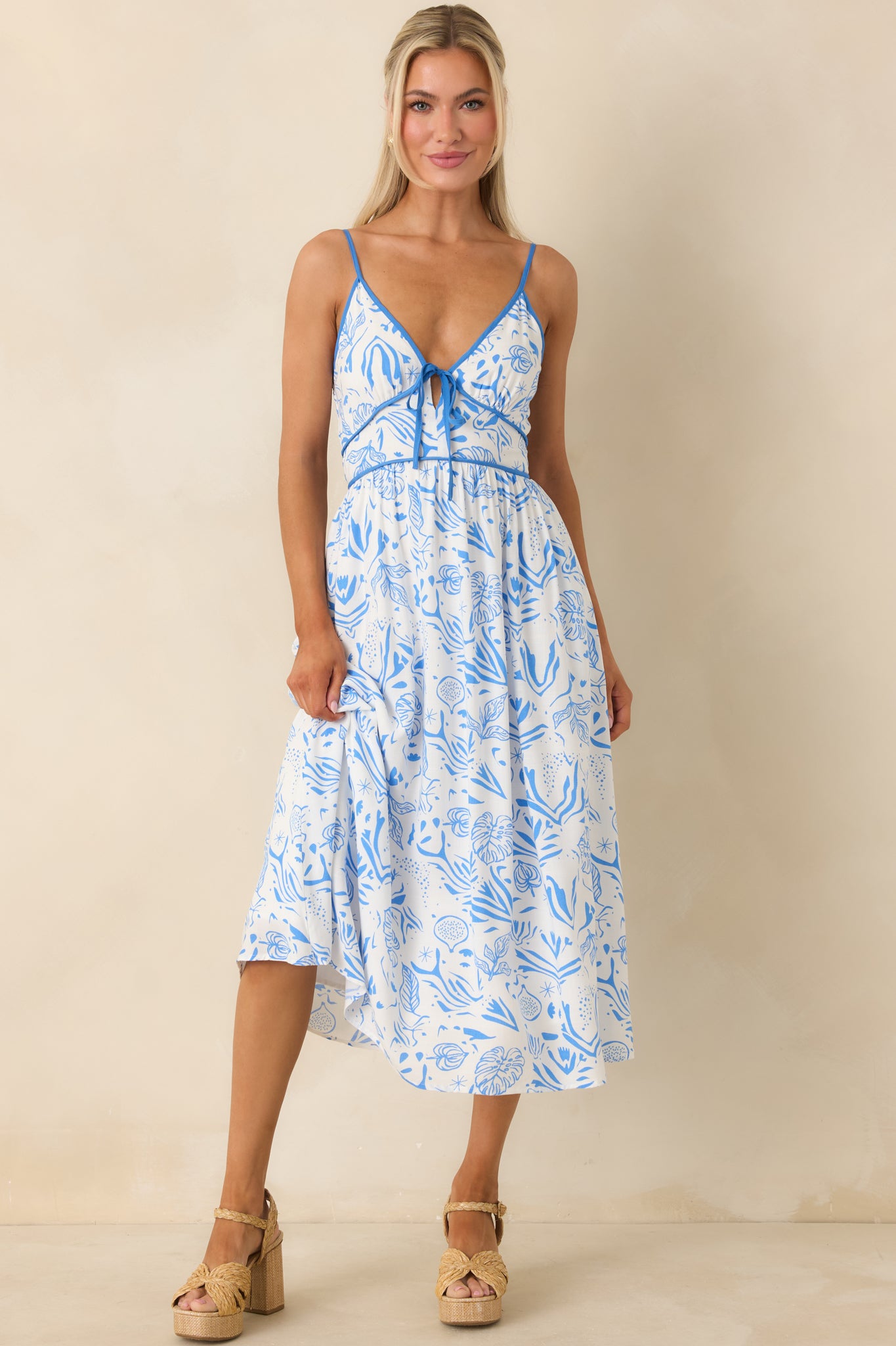 Women's Drifting with The Wind Blue Tropical Print Midi Dress | Size: M | Red Dress Women's Drifting with The Wind Blue Tropical Print Midi Dress | Size: M | Red Dress