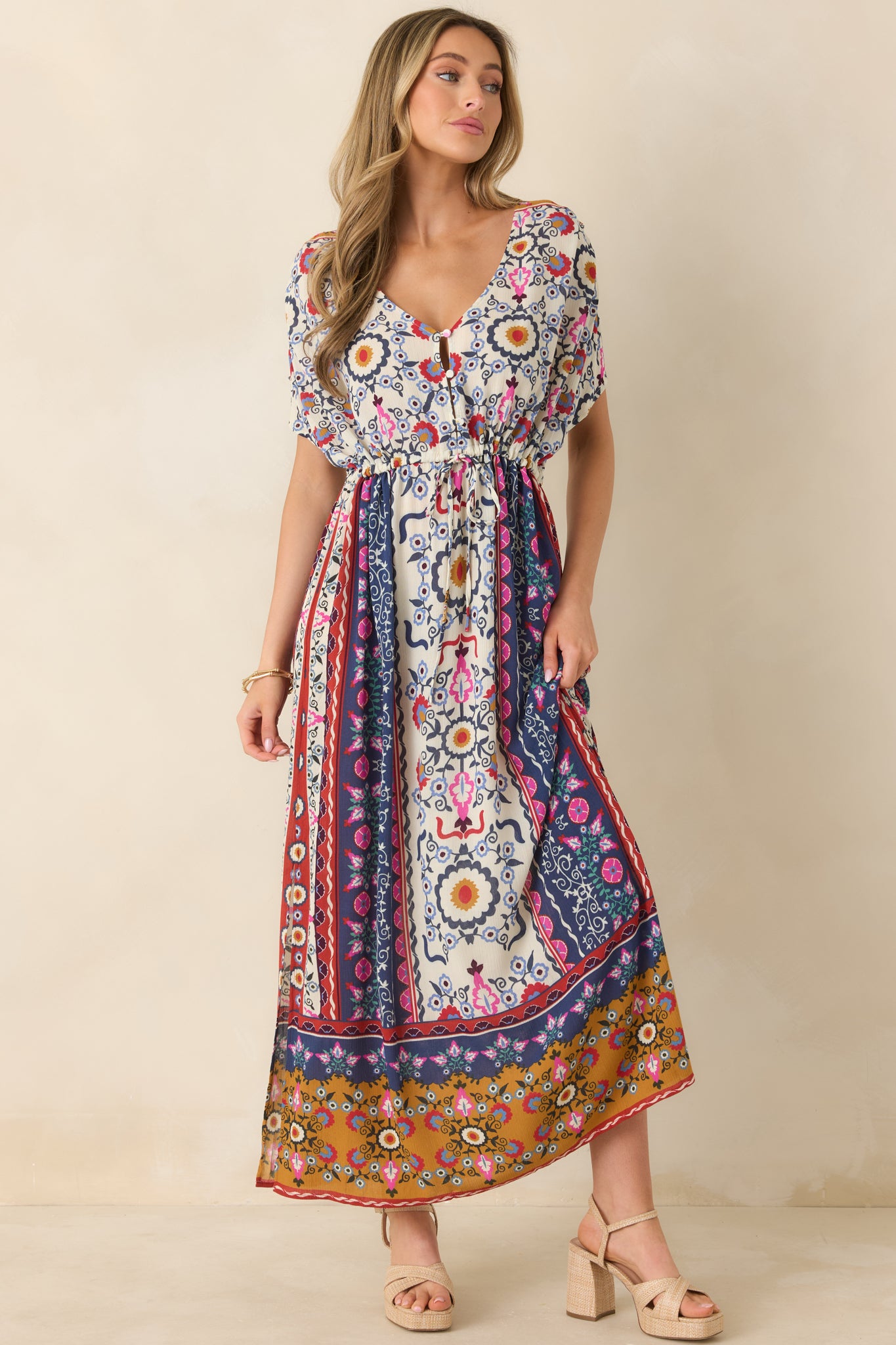 Women's Drawn to The Horizon Navy Multi Print Short Sleeve Maxi Dress | Size: M