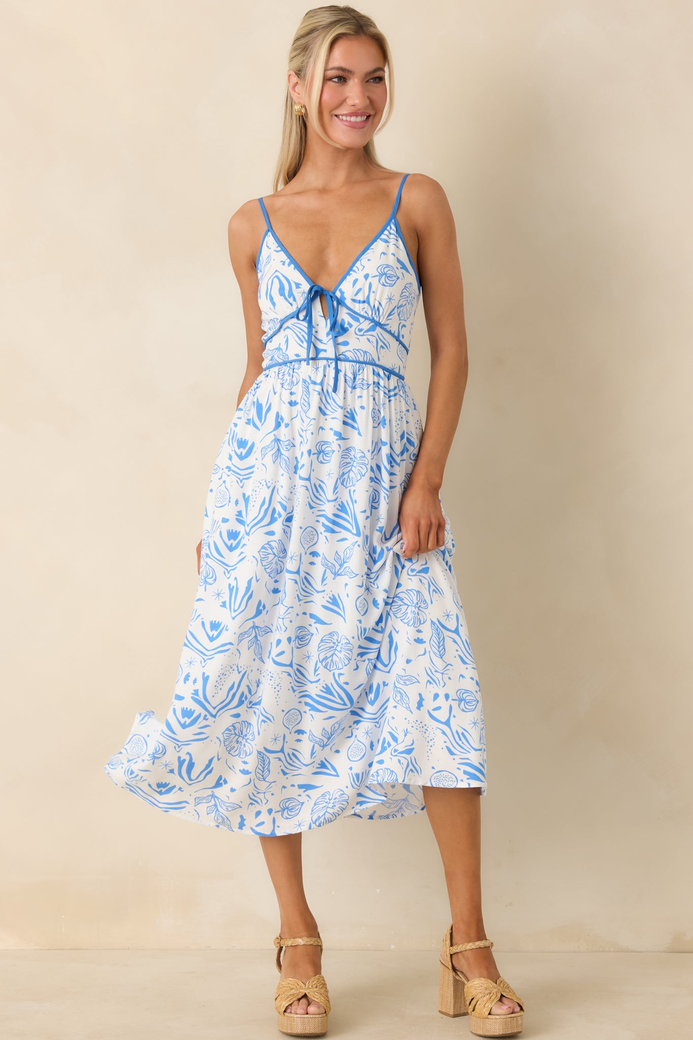 Women's Drifting With The Wind Blue Tropical Print Midi Dress | Size: M | Red Dress Women's Drifting With The Wind Blue Tropical Print Midi Dress | Size: M | Red Dress