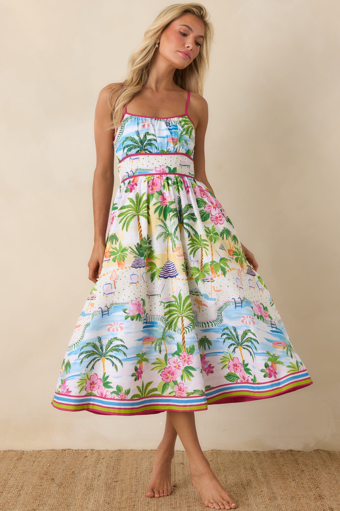 Paradisa Catalina Pink Muti Cotton Linen Poolside Print Midi Dress