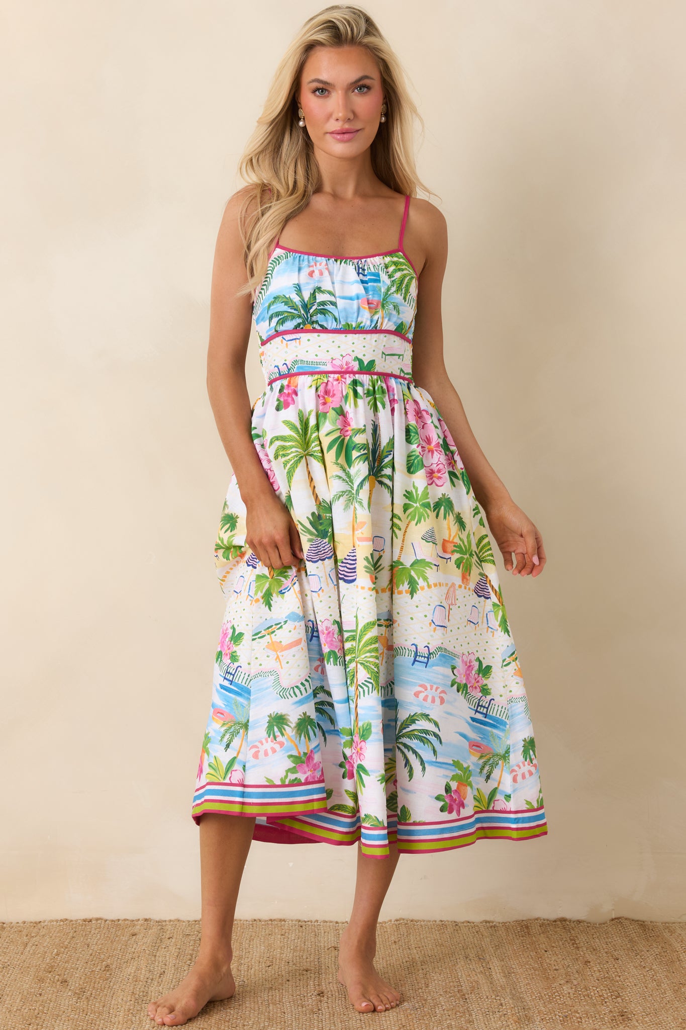 Paradisa Catalina Pink Muti Cotton Linen Poolside Print Midi Dress