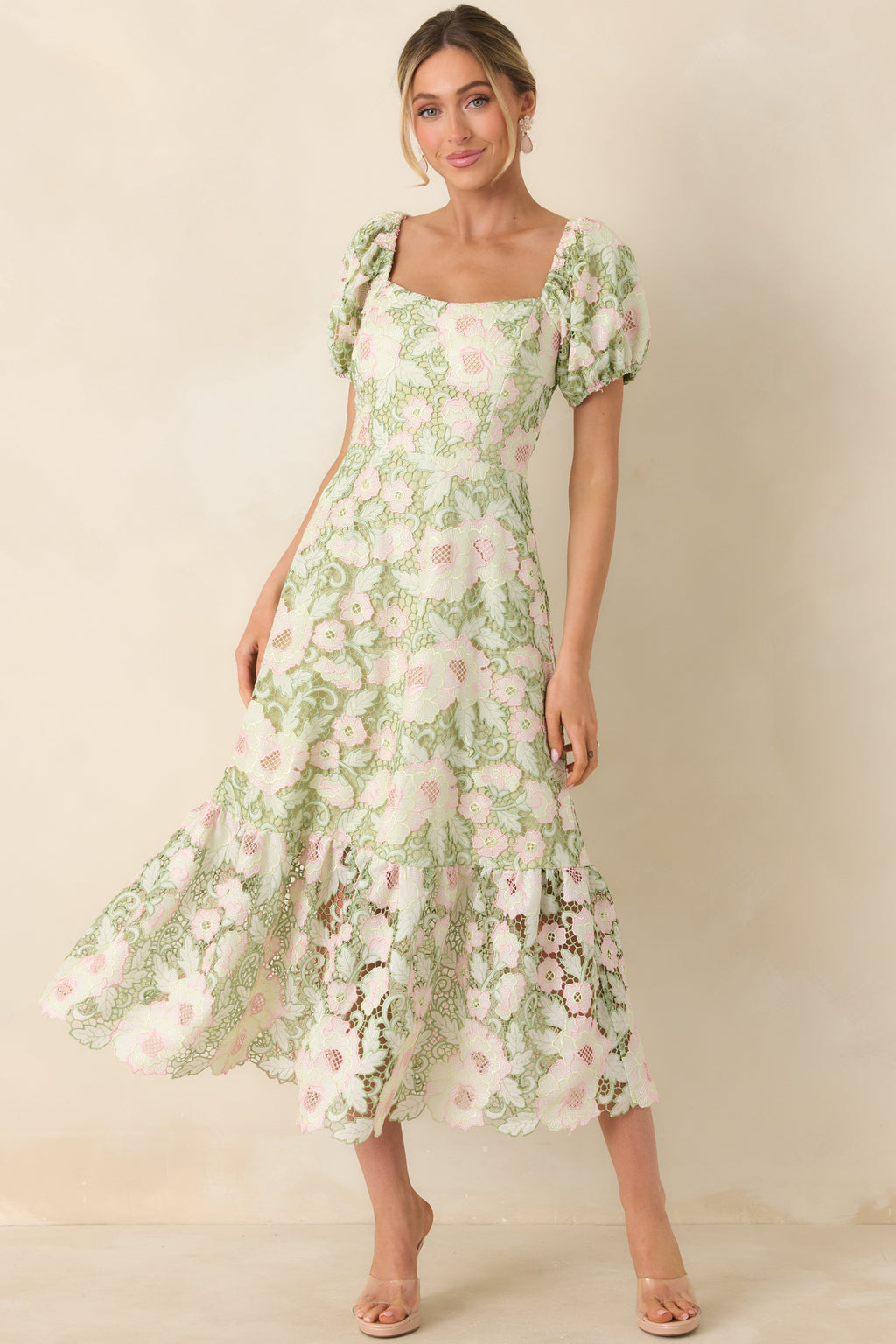 strapless open back dress Red Dress | Green & Pink Floral Lace Midi Dress