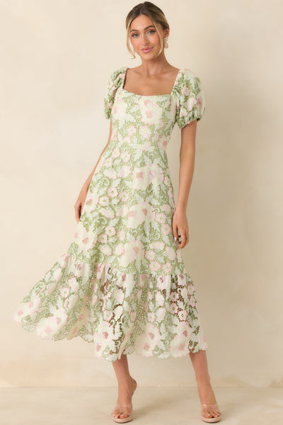 Garden Waltz Green & Pink Floral Lace Tie Back Midi Dress